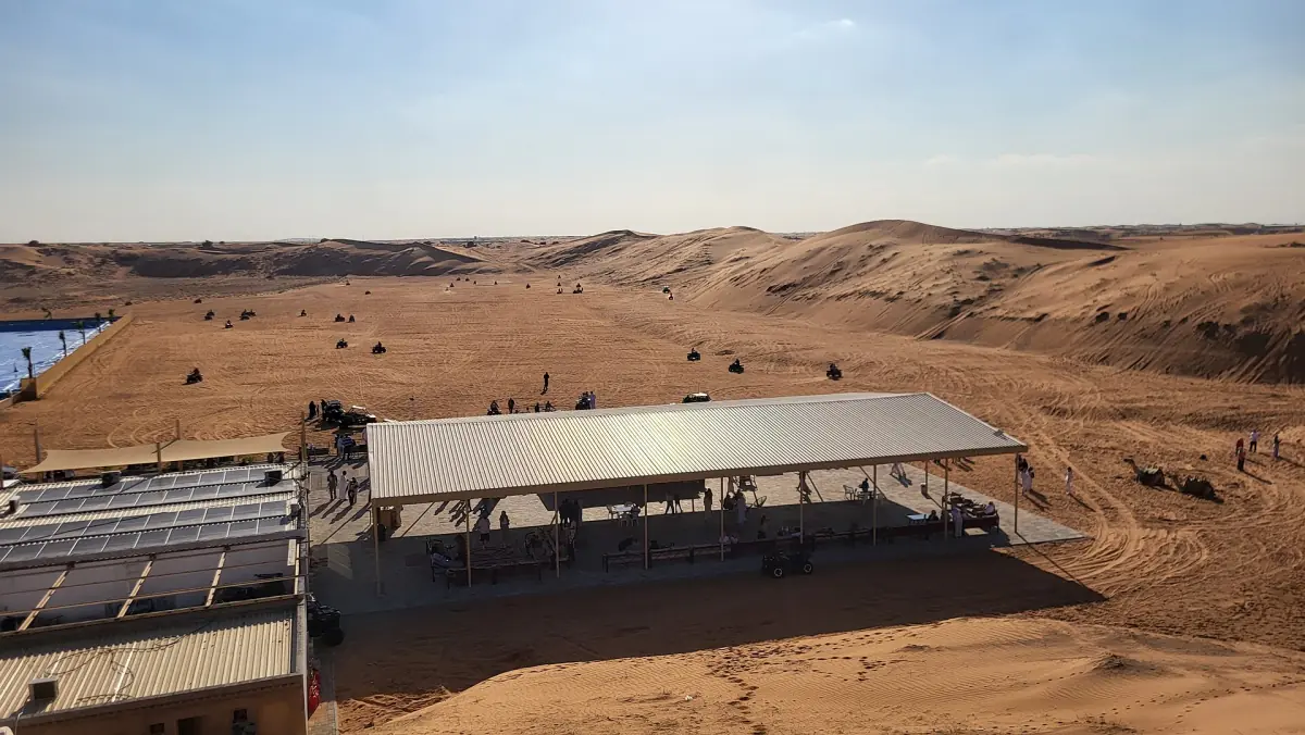 Shaded quad bike rental area in the desert of Dubai